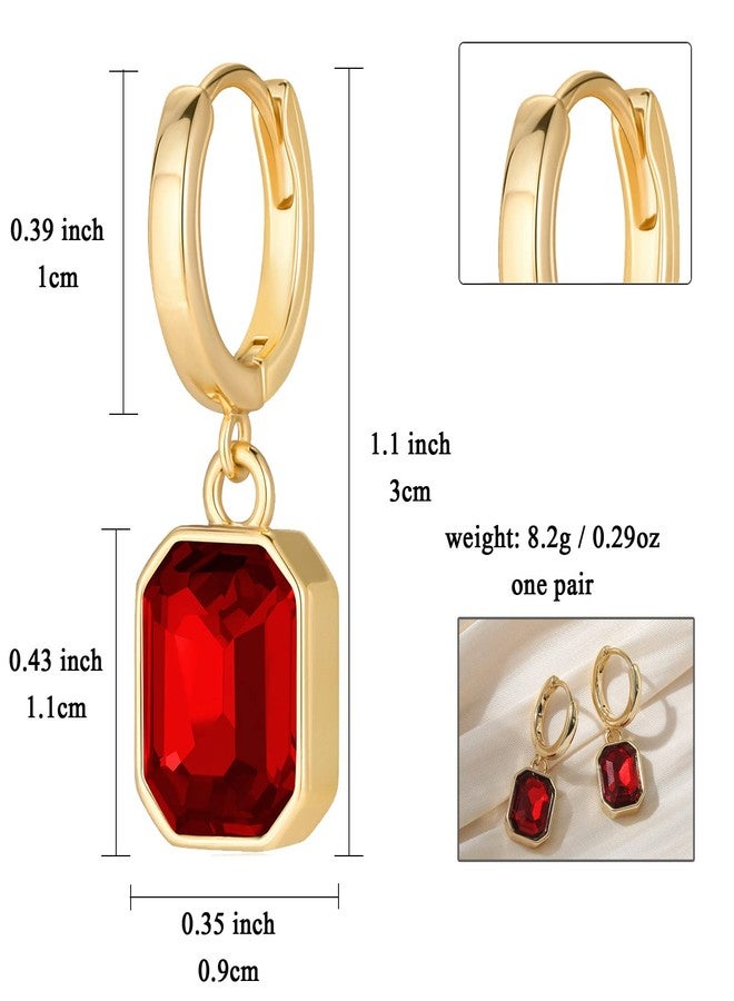 Lourny Birthstone Crystal Dangle Drop Earrings, 18K Gold Plated Huggie Hoop Hypoallergenic Earring Jewelry Gifts for Women (Red) - Image 2